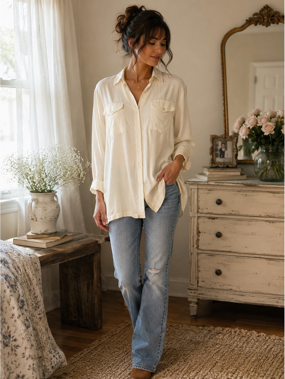 Vintage New York Studio Silk 100% Silk Ivory Button Front Blouse Size Small
